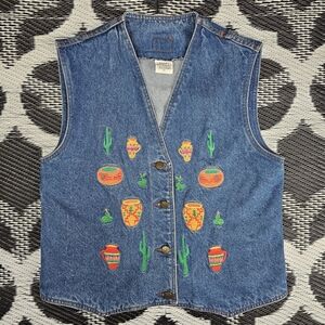 Casey Coleman Vest Womens M/L Denim   Cactus  Embroidered Tie Back Boho Western